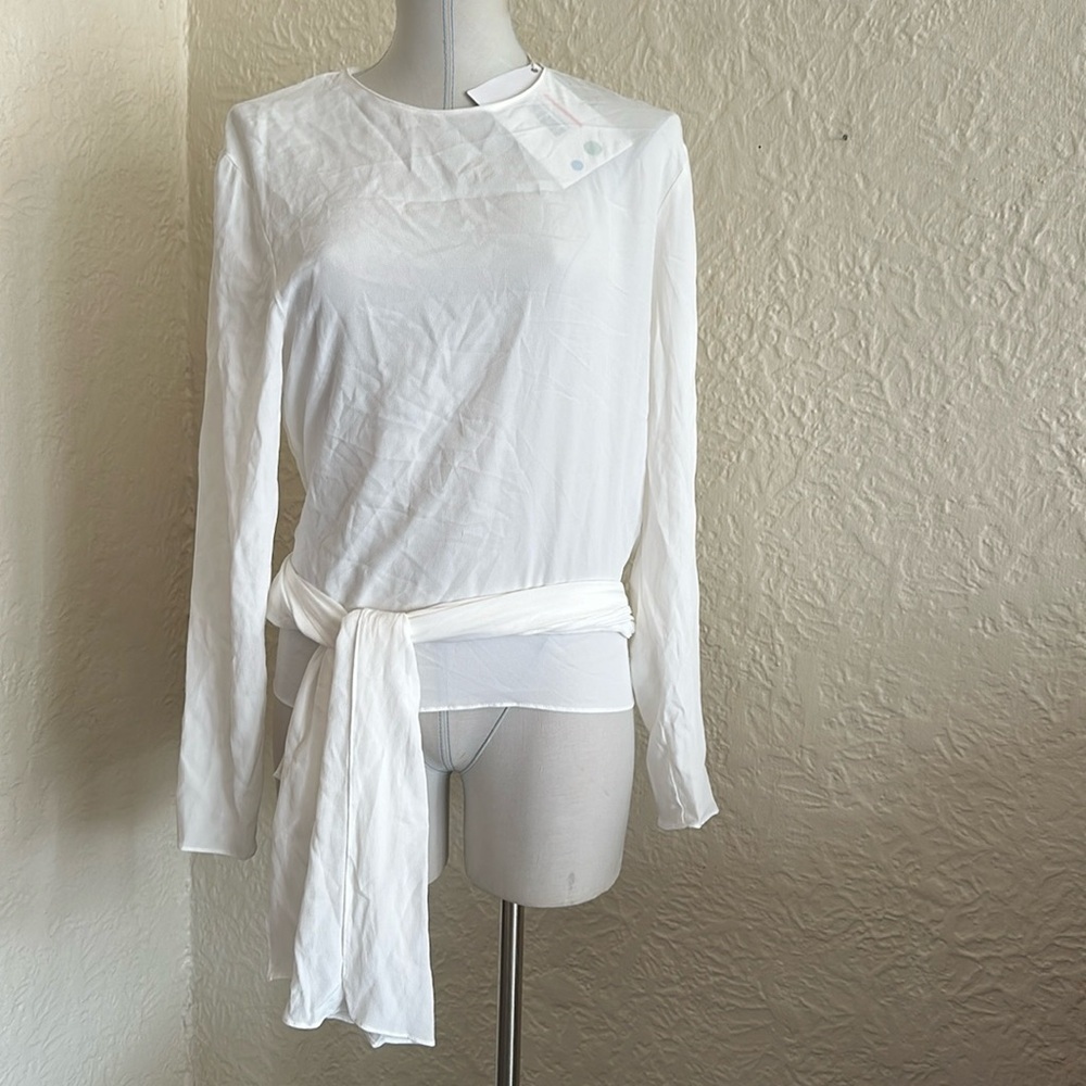 Meimeij Ivory White Slit Back Sash Tie Blouse Shirt NWT Top Silk Blend 40 Small